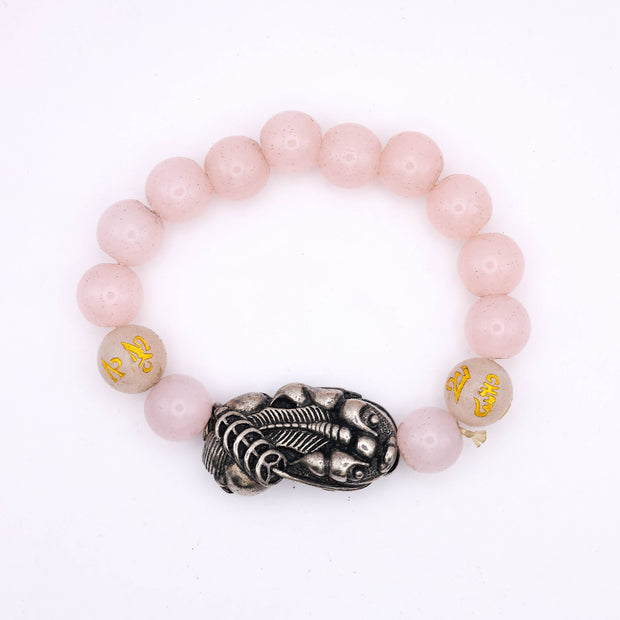 Rose Quartz Beaded Bracelet with Lord Ganesha Charm – Pink Crystal Bracelet for Love, Positivity & Protection