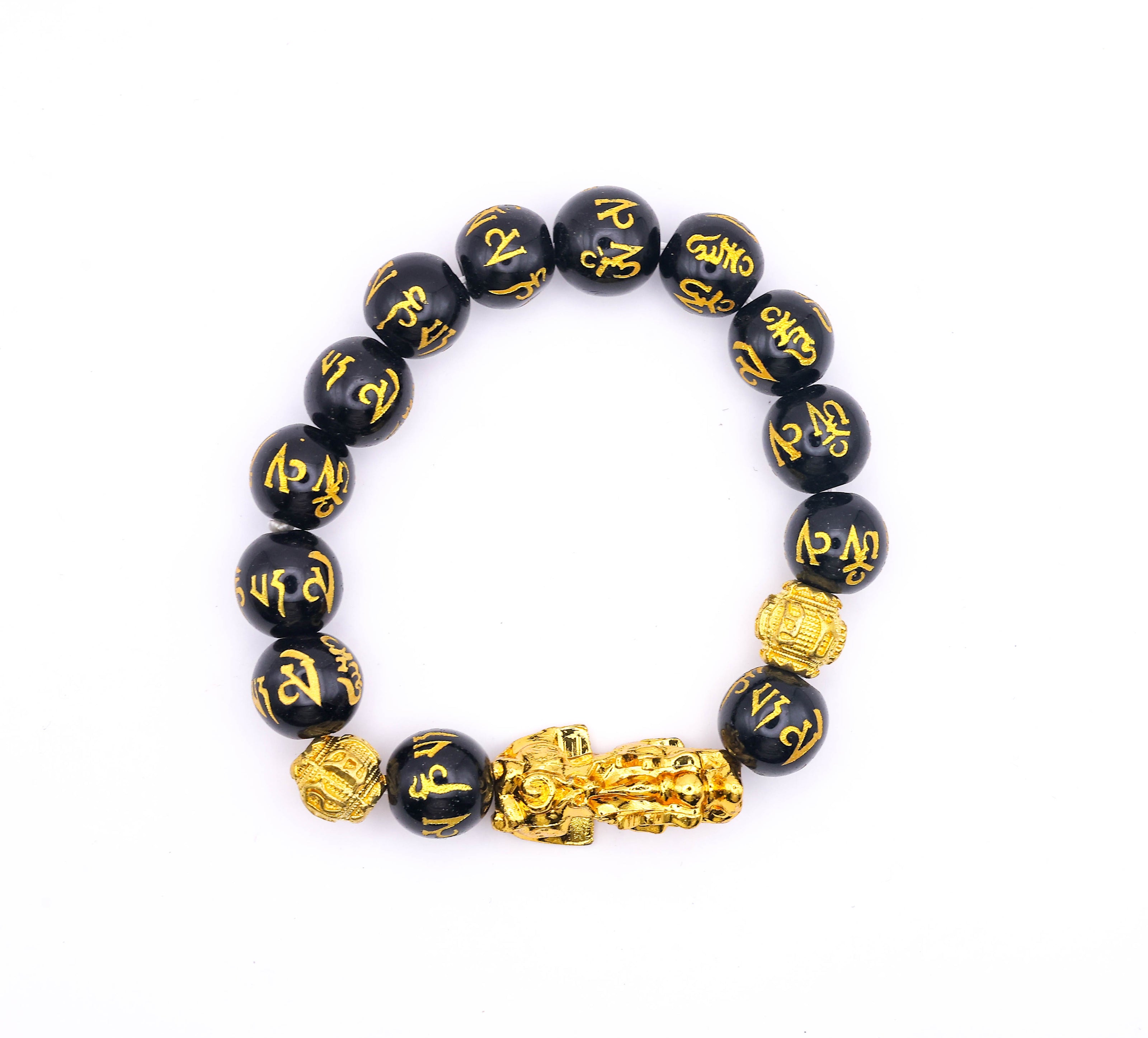 Black Obsidian Pixiu Feng Shui Bracelet with Gold Mantra Beads – Wealth, Protection & Good Luck Bracelet