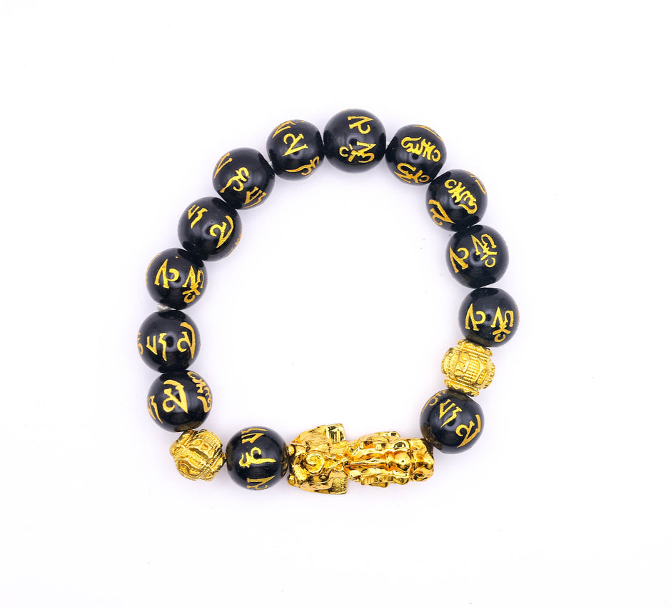 Black Obsidian Pixiu Feng Shui Bracelet with Gold Mantra Beads – Wealth, Protection & Good Luck Bracelet