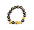 Black Obsidian Pixiu Feng Shui Bracelet with Gold Mantra Beads – Wealth, Protection & Good Luck Bracelet
