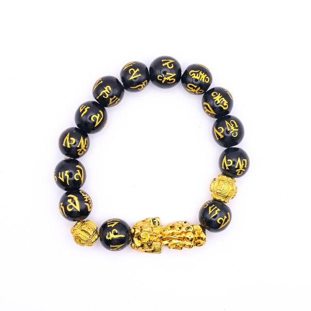 Black Obsidian Pixiu Feng Shui Bracelet with Gold Mantra Beads – Wealth, Protection & Good Luck Bracelet