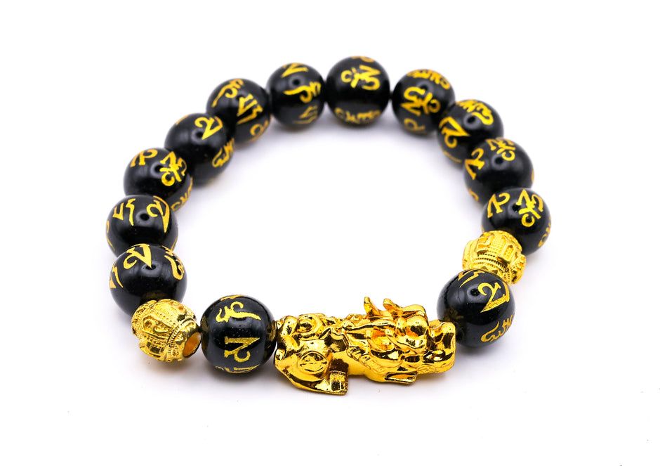 Black Obsidian Pixiu Feng Shui Bracelet with Gold Mantra Beads – Wealth, Protection & Good Luck Bracelet