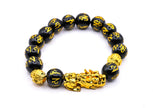 Black Obsidian Pixiu Feng Shui Bracelet with Gold Mantra Beads – Wealth, Protection & Good Luck Bracelet