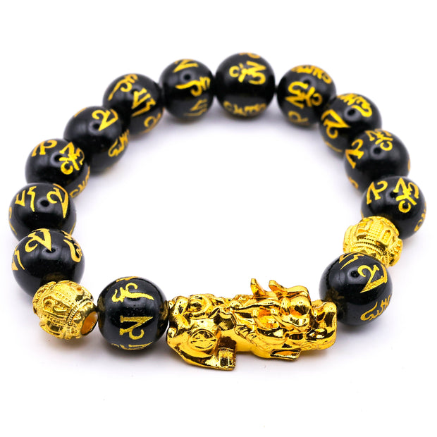Black Obsidian Pixiu Feng Shui Bracelet with Gold Mantra Beads – Wealth, Protection & Good Luck Bracelet