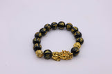 Black Obsidian Pixiu Feng Shui Bracelet with Gold Mantra Beads – Wealth, Protection & Good Luck Bracelet