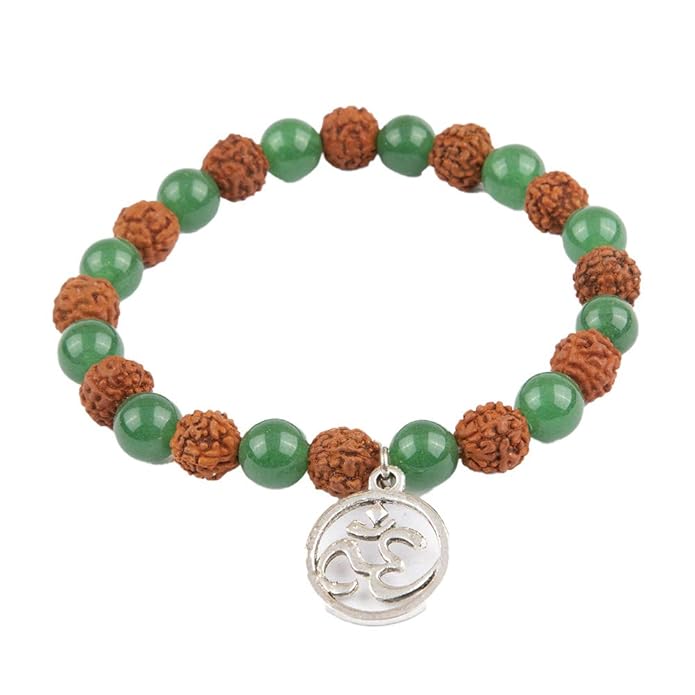 Rudraksha & Green Stone Bracelet with Om Charm – Spiritual Yoga & Meditation Jewelry