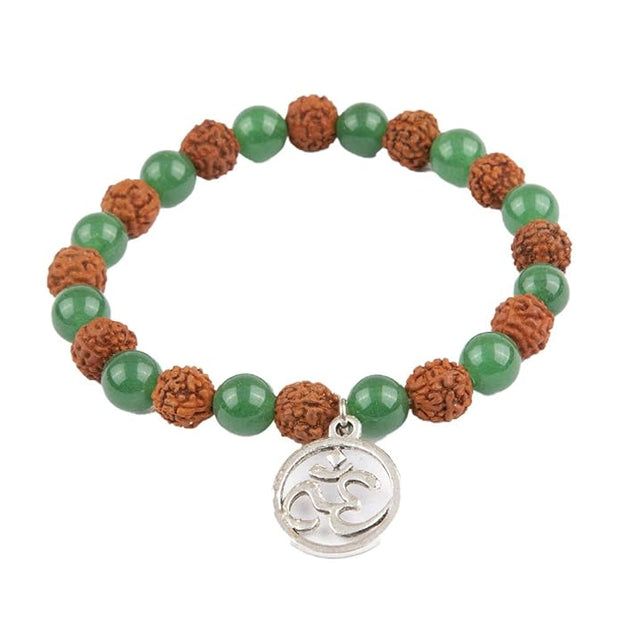 Rudraksha & Green Stone Bracelet with Om Charm – Spiritual Yoga & Meditation Jewelry