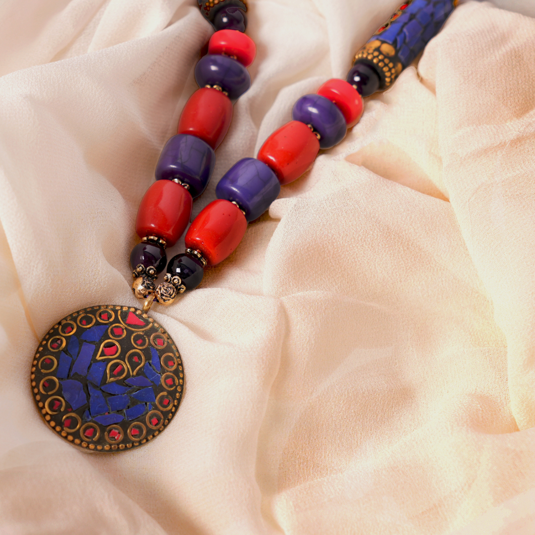 Handcrafted Boho Beaded Necklace & Earrings Set – Ethnic Statement Jewelry for Women | Red & Purple Designer Set