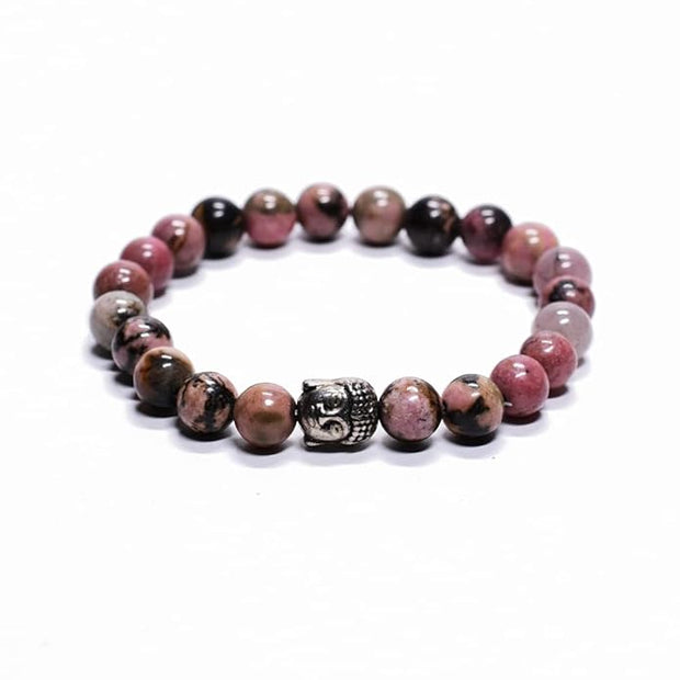 Pink Rhodonite Beaded Bracelet with Buddha Charm – Handmade Gemstone Jewelry for Balance & Positive Energy