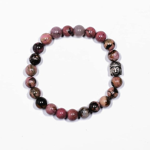 Pink Rhodonite Beaded Bracelet with Buddha Charm – Handmade Gemstone Jewelry for Balance & Positive Energy