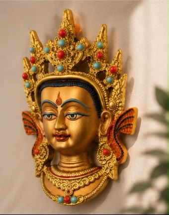 Tibetan Buddha Wall Mask – Handcrafted Spiritual Home Decor with Gold & Gem Accents