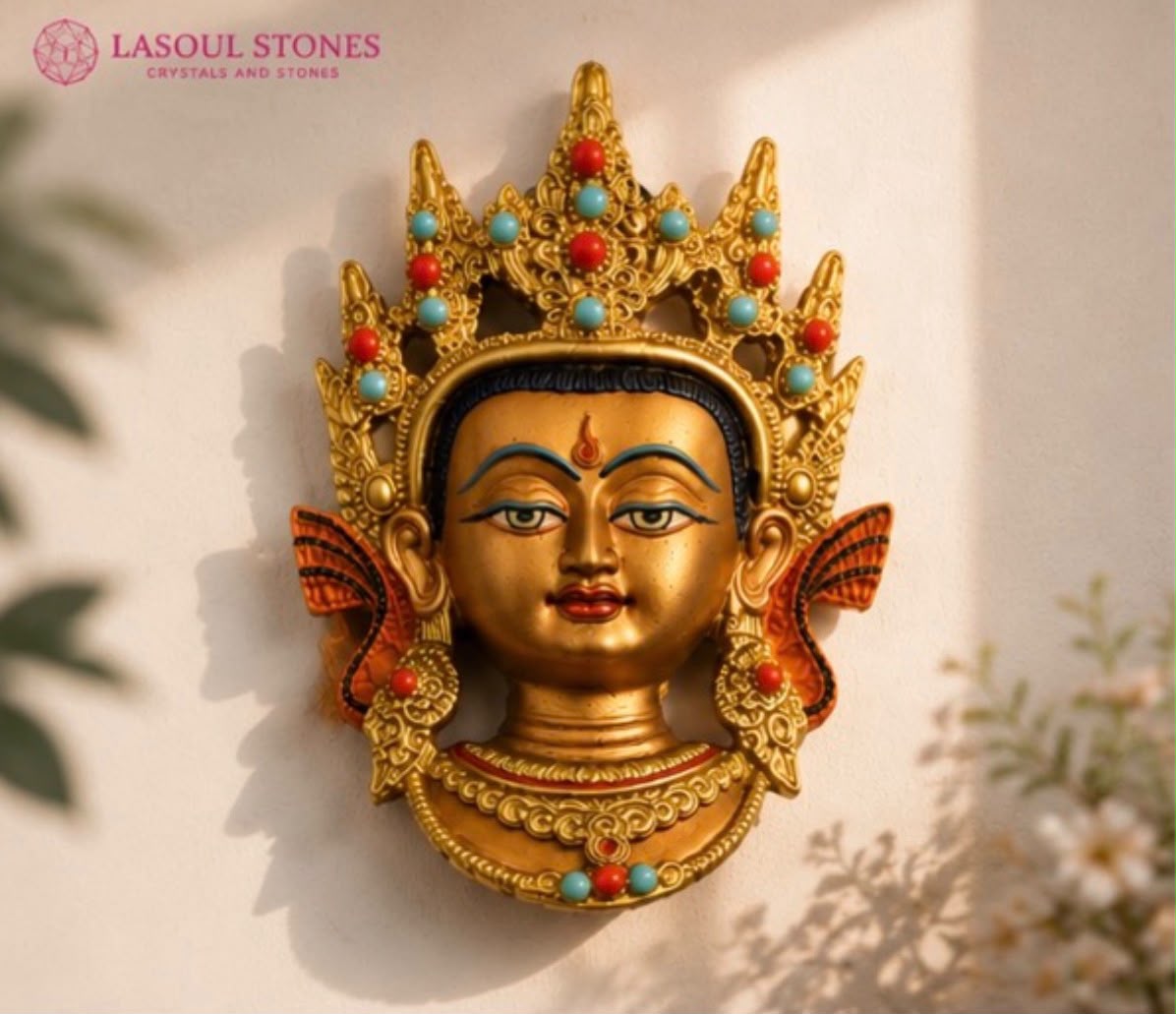 Tibetan Buddha Wall Mask – Handcrafted Spiritual Home Decor with Gold & Gem Accents