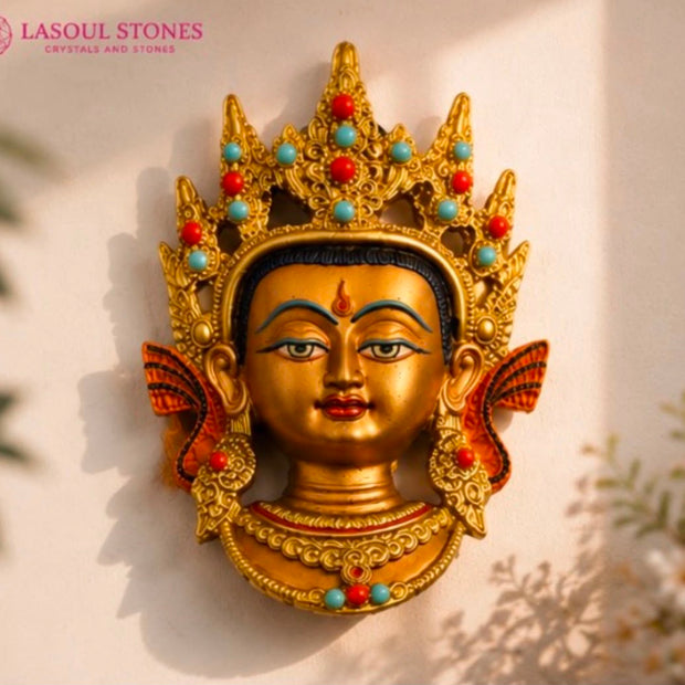 Tibetan Buddha Wall Mask – Handcrafted Spiritual Home Decor with Gold & Gem Accents