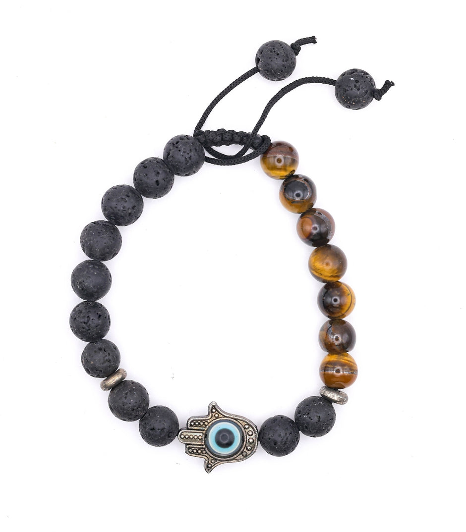 Black Lava Stone & Tiger Eye Bracelet – Hamsa Hand Protection & Energy Jewelry