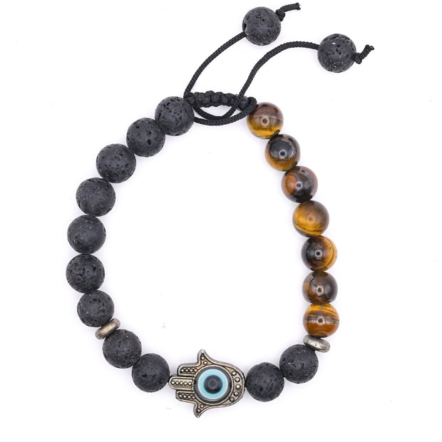 Black Lava Stone & Tiger Eye Bracelet – Hamsa Hand Protection & Energy Jewelry