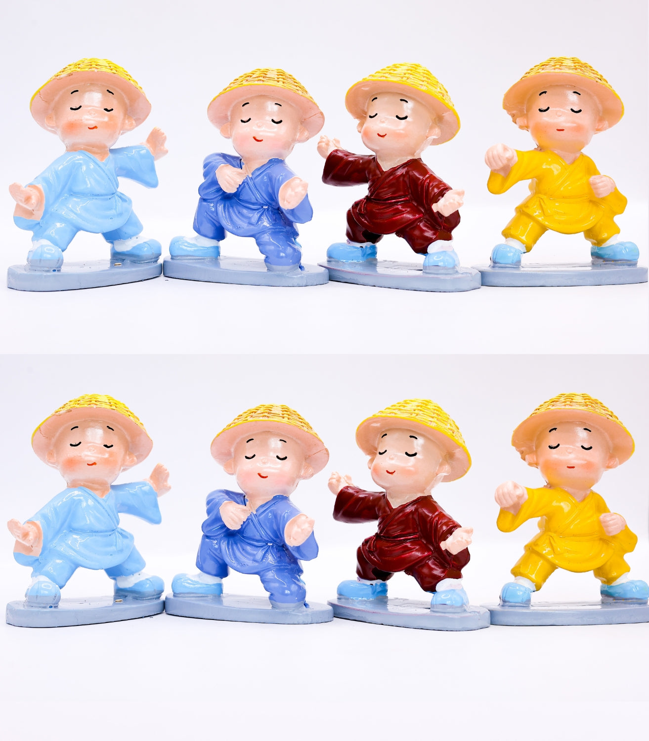 Dancing Mini Monk Figurines Set – 4 Colorful Happy Buddha Monks for Home, Office & Desk Décor