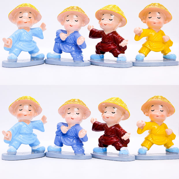 Dancing Mini Monk Figurines Set – 4 Colorful Happy Buddha Monks for Home, Office & Desk Décor