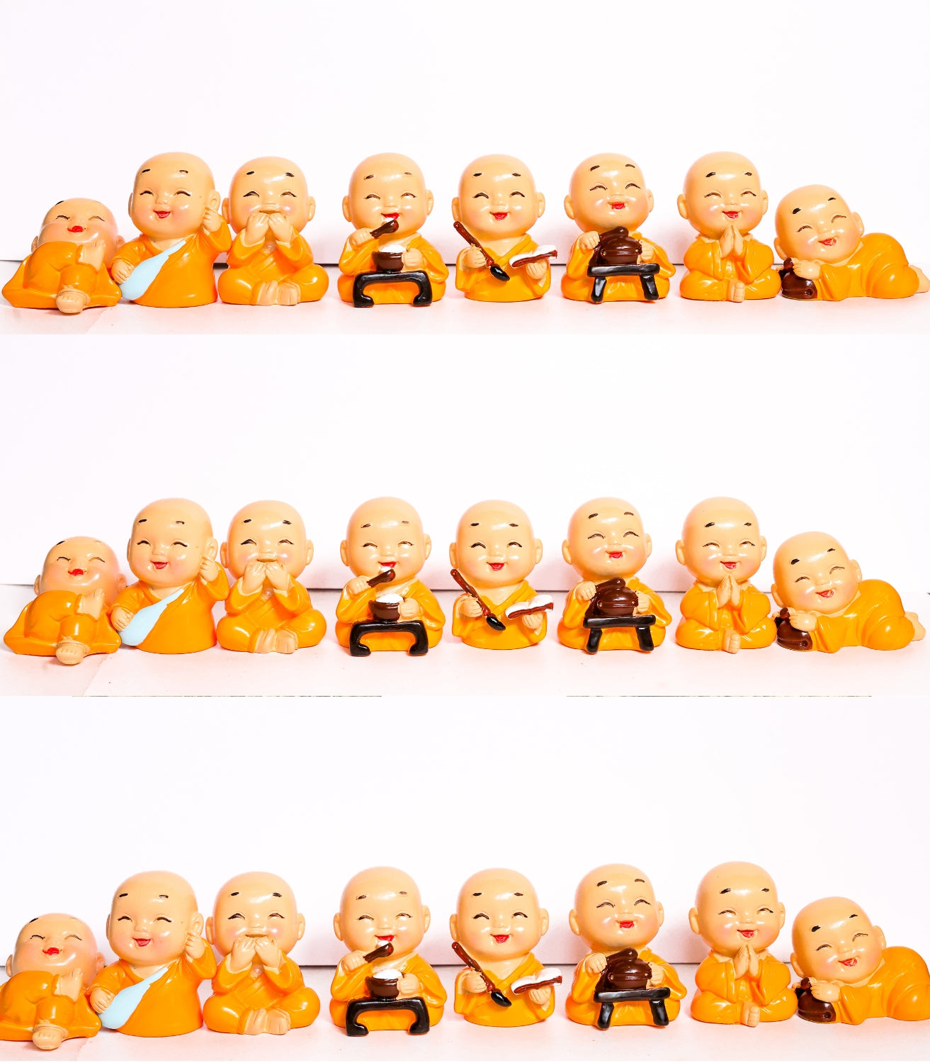 Deluxe Happy Monk Figurines Set – 8 Cute Mini Buddha Monks for Home, Office, Car & Meditation Décor