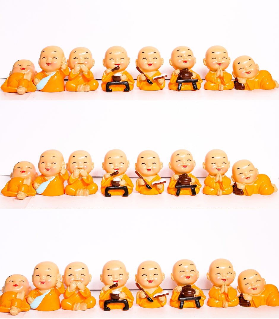 Deluxe Happy Monk Figurines Set – 8 Cute Mini Buddha Monks for Home, Office, Car & Meditation Décor