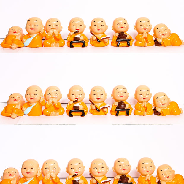 Deluxe Happy Monk Figurines Set – 8 Cute Mini Buddha Monks for Home, Office, Car & Meditation Décor