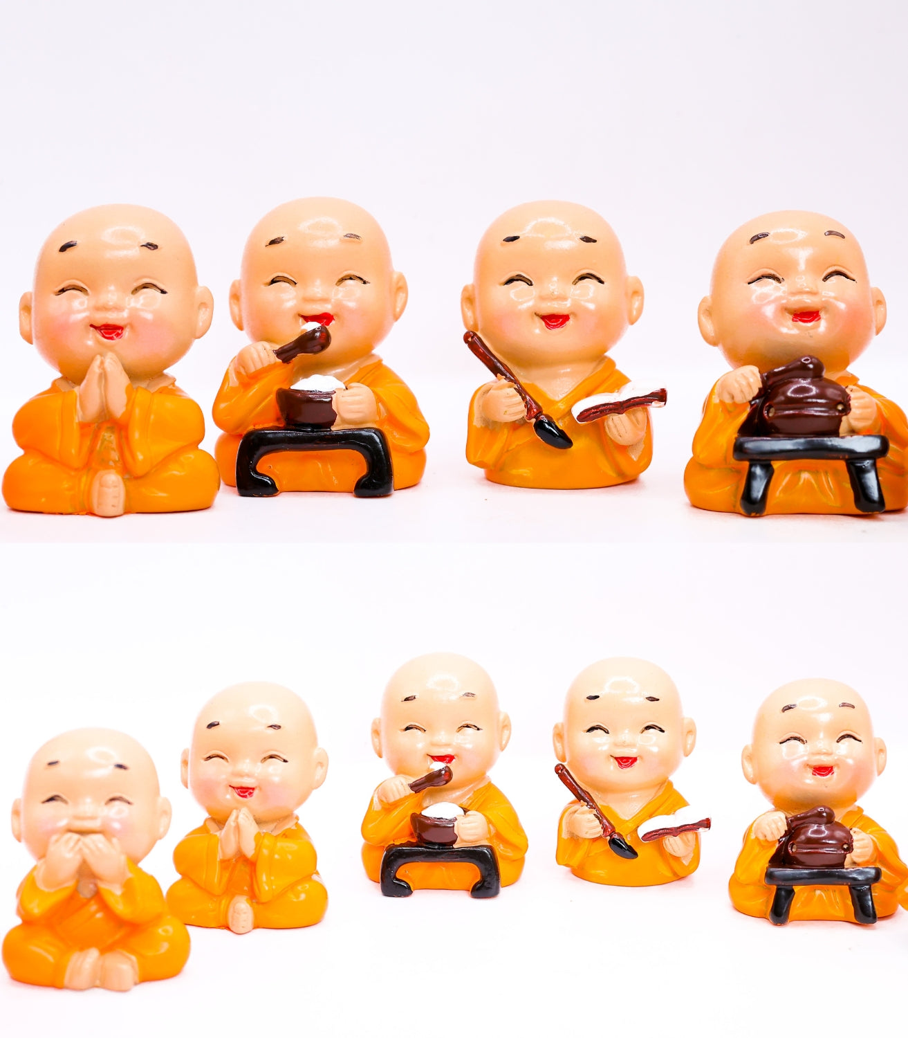 Mini Monk Figurines Set – Cute Happy Buddha Monks for Home, Office, Car, and Meditation Décor (8 Pieces, Orange Robes)