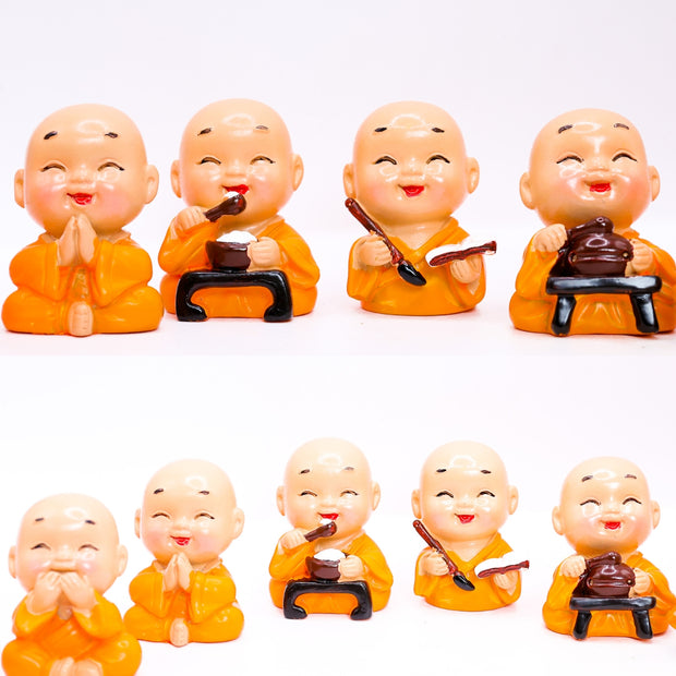 Mini Monk Figurines Set – Cute Happy Buddha Monks for Home, Office, Car, and Meditation Décor (8 Pieces, Orange Robes)