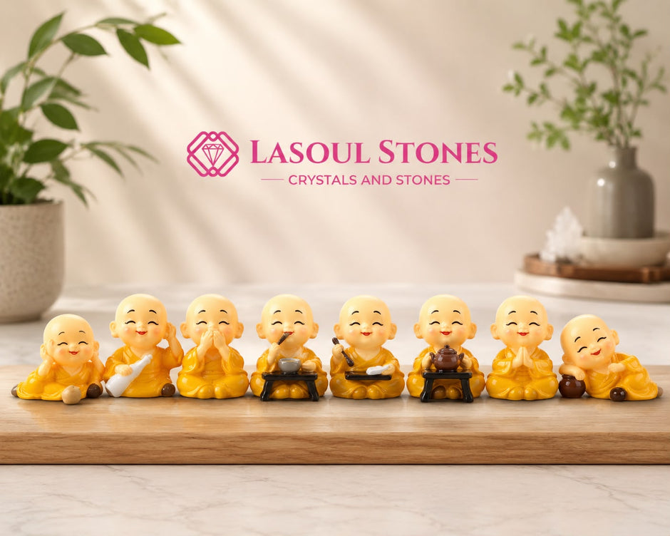 Deluxe Happy Monk Figurines Set – 8 Cute Mini Buddha Monks for Home, Office, Car & Meditation Décor