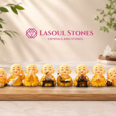 Deluxe Happy Monk Figurines Set – 8 Cute Mini Buddha Monks for Home, Office, Car & Meditation Décor