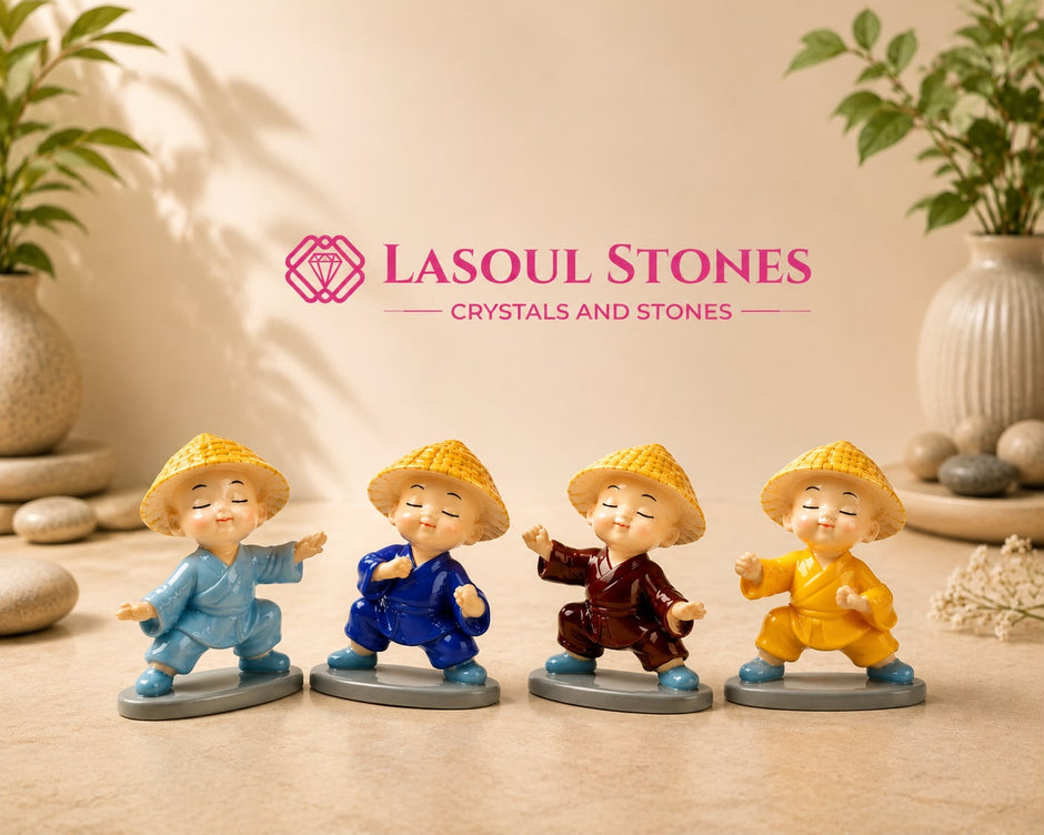 Dancing Mini Monk Figurines Set – 4 Colorful Happy Buddha Monks for Home, Office & Desk Décor