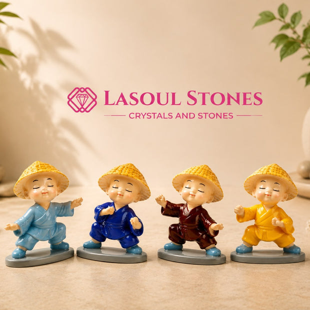 Dancing Mini Monk Figurines Set – 4 Colorful Happy Buddha Monks for Home, Office & Desk Décor