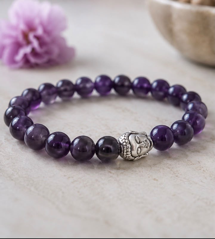 Amethyst Beaded Bracelet with Buddha Charm – Spiritual Healing & Meditation Jewelry