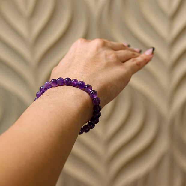 Natural Amethyst Beaded Bracelet | Purple Crystal Healing Bracelet for Calm, Protection & Positive Energy | Stretchable Unisex Jewelry