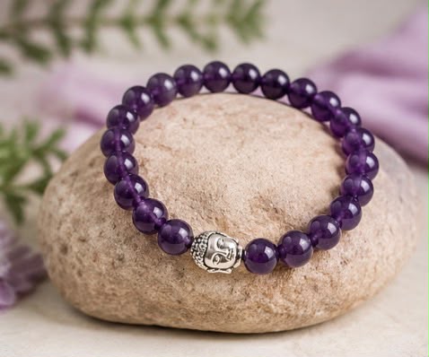 Amethyst Beaded Bracelet with Buddha Charm – Spiritual Healing & Meditation Jewelry