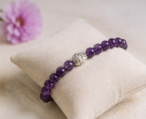 Amethyst Beaded Bracelet with Buddha Charm – Spiritual Healing & Meditation Jewelry