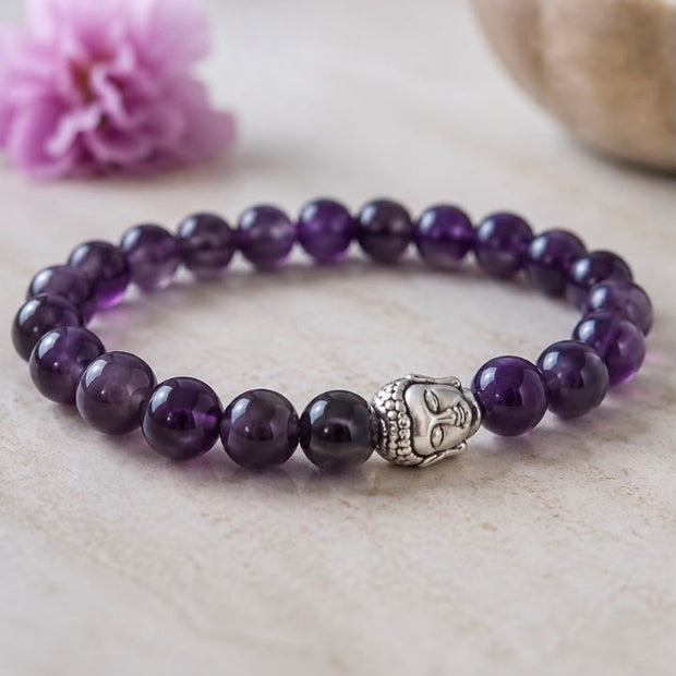 Amethyst Beaded Bracelet with Buddha Charm – Spiritual Healing & Meditation Jewelry