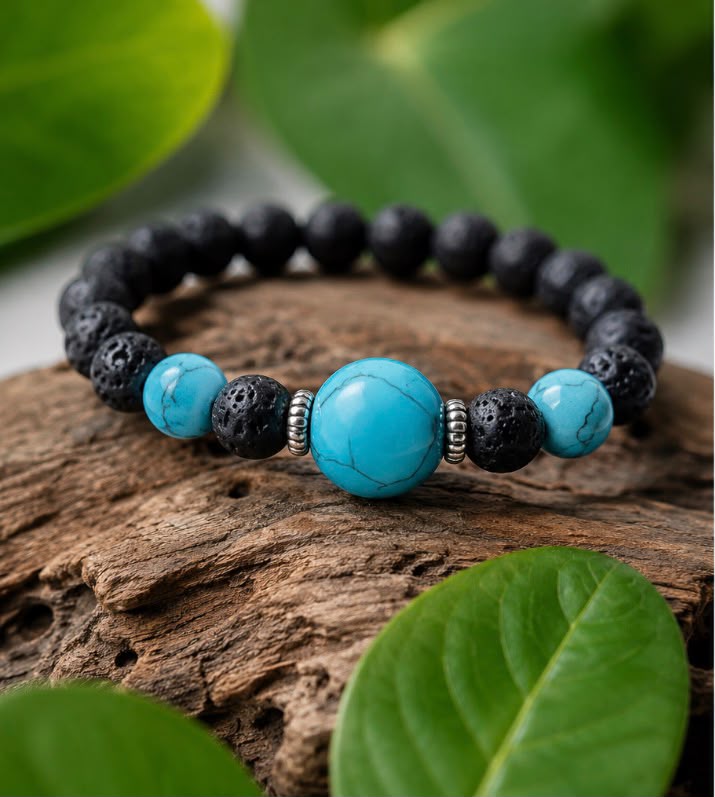 Natural Lava Stone & Turquoise Bead Bracelet – Natural Healing Energy Bracelet for Men & Women