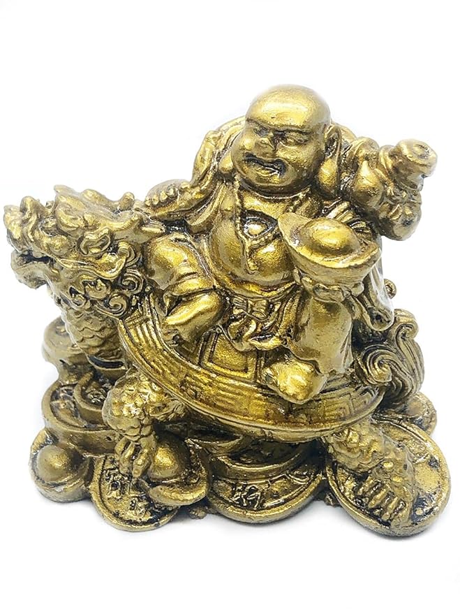 Golden Laughing Buddha on Dragon Turtle Statue – Feng Shui Wealth & Prosperity Decorative Idol