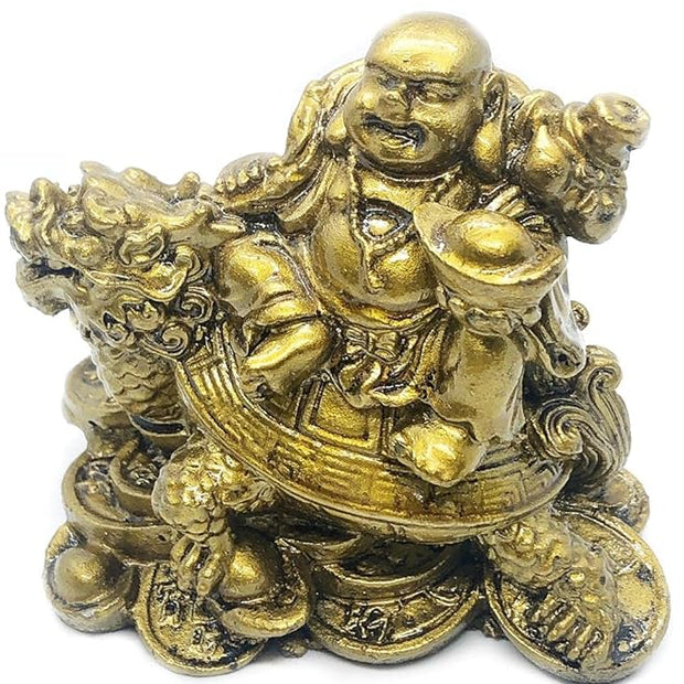 Golden Laughing Buddha on Dragon Turtle Statue – Feng Shui Wealth & Prosperity Decorative Idol