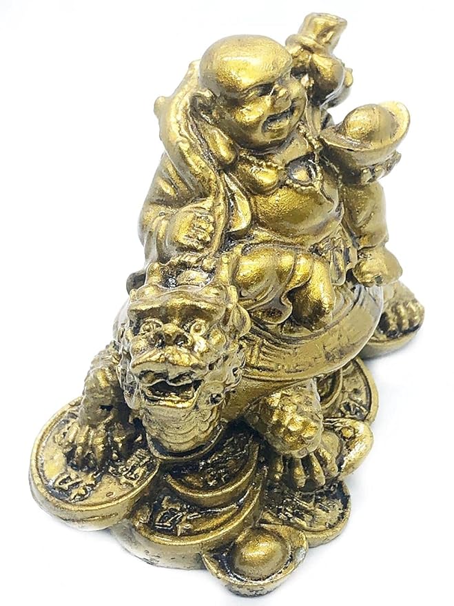 Golden Laughing Buddha on Dragon Turtle Statue – Feng Shui Wealth & Prosperity Decorative Idol