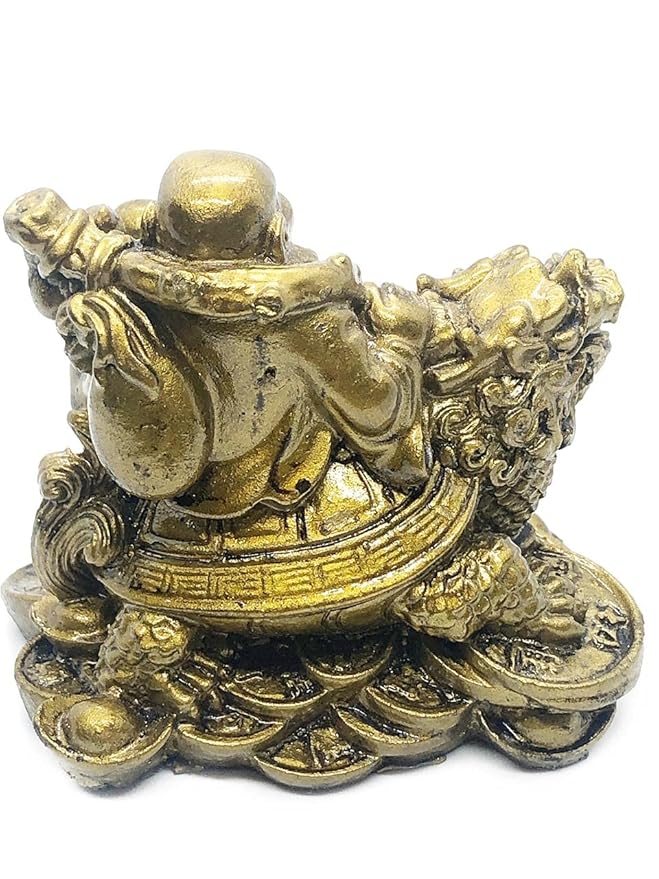 Golden Laughing Buddha on Dragon Turtle Statue – Feng Shui Wealth & Prosperity Decorative Idol