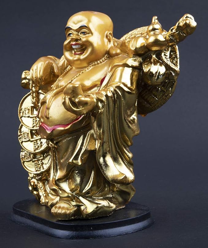 Golden Laughing Buddha on Dragon Turtle Statue – Feng Shui Wealth & Prosperity Decorative Idol