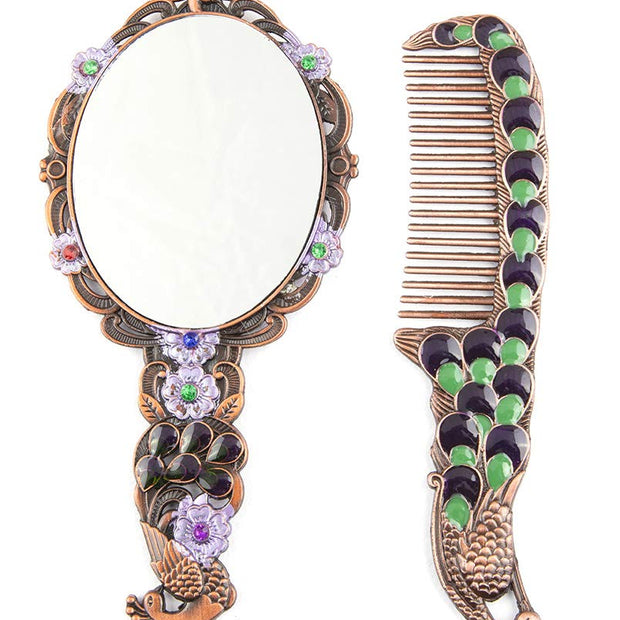Vintage Peacock Design Hand Mirror & Comb Set | Antique Finish Dressing Set | Premium Decorative Beauty Accessory