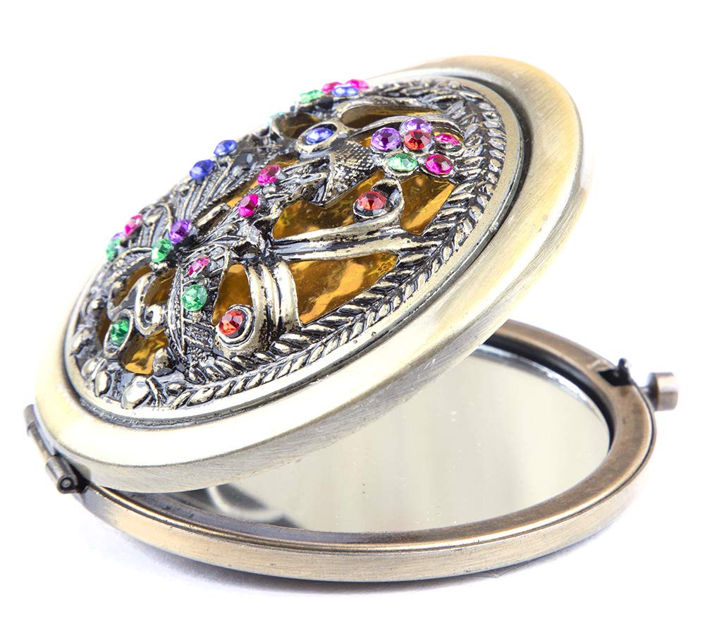 Vintage Floral Compact Mirror – Elegant Pocket-Sized Makeup Mirror with Rhinestone Design