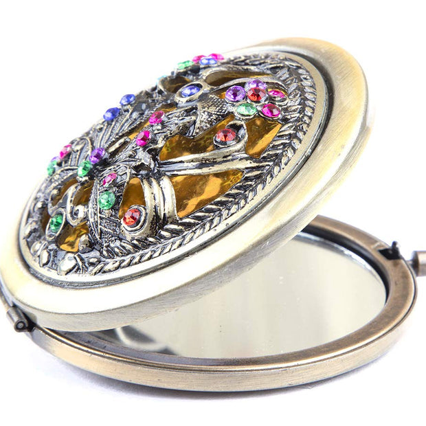 Vintage Floral Compact Mirror – Elegant Pocket-Sized Makeup Mirror with Rhinestone Design