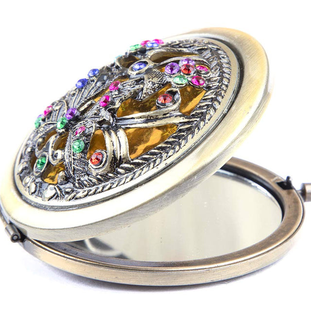 Vintage Floral Compact Mirror – Elegant Pocket-Sized Makeup Mirror with Rhinestone Design