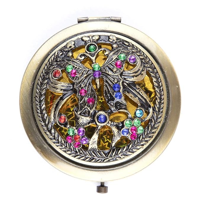 Vintage Floral Compact Mirror – Elegant Pocket-Sized Makeup Mirror with Rhinestone Design