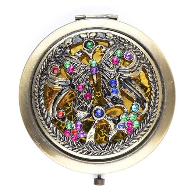 Vintage Floral Compact Mirror – Elegant Pocket-Sized Makeup Mirror with Rhinestone Design