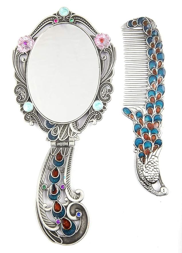 Vintage Peacock Hand Mirror & Comb Set – Elegant Rhinestone Cosmetic Vanity Accessories
