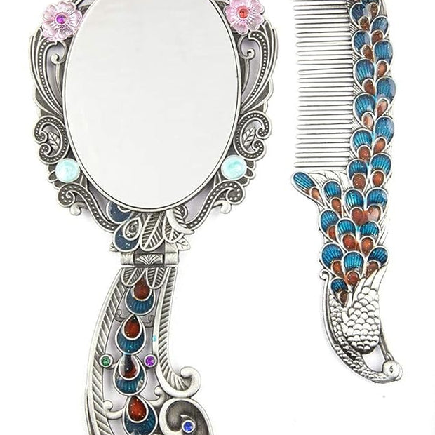 Vintage Peacock Hand Mirror & Comb Set – Elegant Rhinestone Cosmetic Vanity Accessories