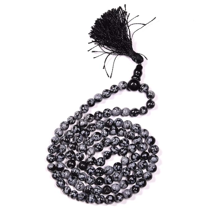 Snowflake Obsidian Mala Necklace – Handmade Meditation & Spiritual Beads for Protection